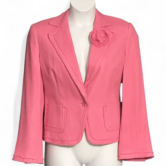 Nygard Pink Silk Blend Blazer Jacket Sz 12 Fringe Trim Flower Accent Career Chic - Picture 1 of 12
